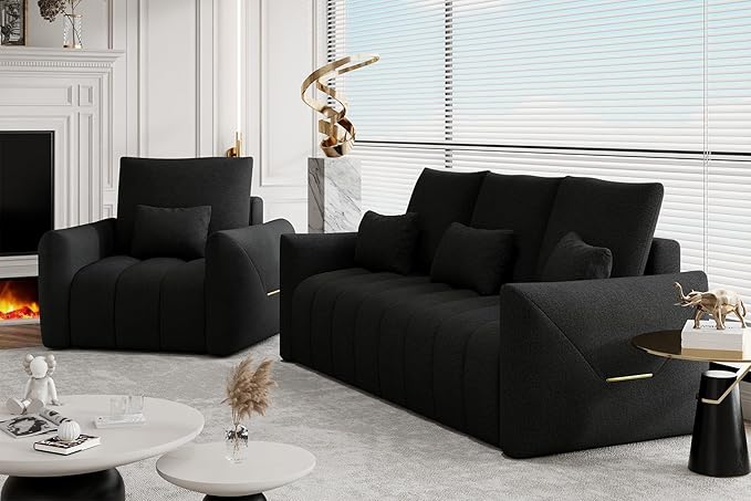 2 Piece Cloud Couch and Chair Set for Living Room Comfy Plush Teddy Sectional 3-Seater Couches with Pillows and Back Cushions Modern Deep Seat Oversized Sofa for Bedroom Apartment Black