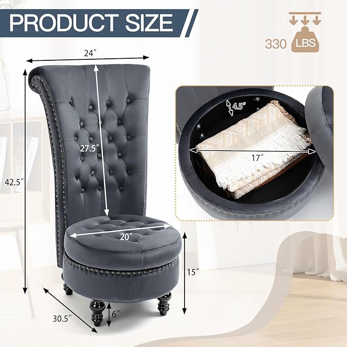 AVAWING High Back Throne Chair Velvet Royal Accent Chair Button-Tufted Armless Gothic Chair w/Storage Nailhead Trim Design &amp Rubber Wood Legs for Living Room &amp Bedroom Grey