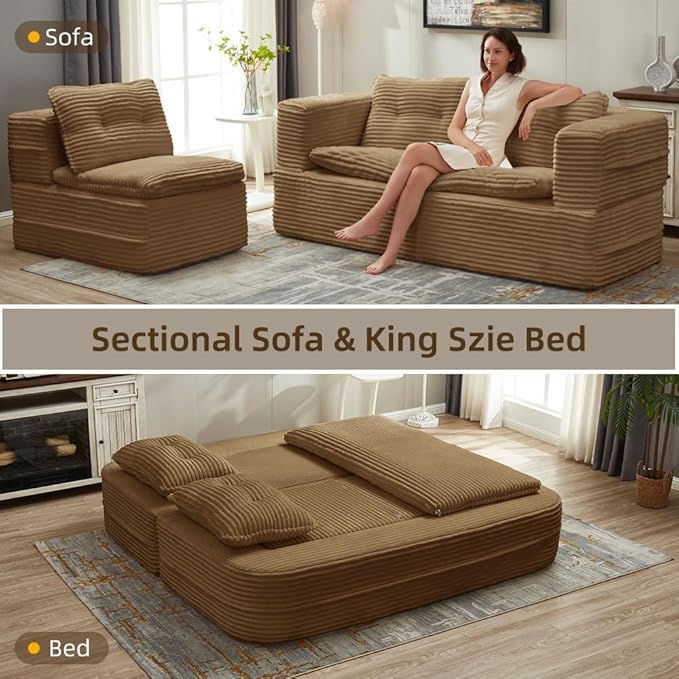 Folding Convertible Sectional Sofa Bed Corduroy Floor Couch Loveseat Lounge Chaise for Office Apartment80 King Size BedCamel
