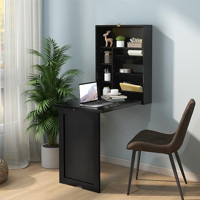 Wall Mounted Desk Fold Out Convertible Desk with Storage Shelves Space Saving Wall Folding Table Home Office Floating Desks for Small Spaces (Black)