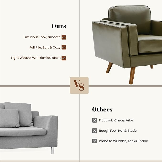 Kingfun Modern Accent Chair Living Room Chairs Faux Leather Reading Armchair Mid Century with Dual-Layer Armrests Solid Wood Frame Easy Assembly for Small Spaces Olive Green