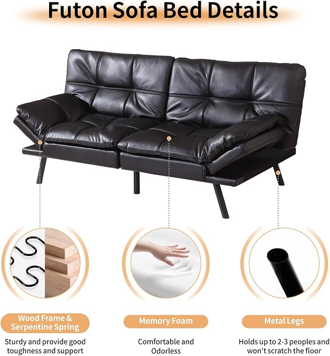 MUUEGM 71 Convertible Futon Sofa Bed Adjustable Backrest &amp Armrest Couch Comfortable Sleeper Loveseat with Faux Leather Ideal for Small Space Living Room Apartment Office Black