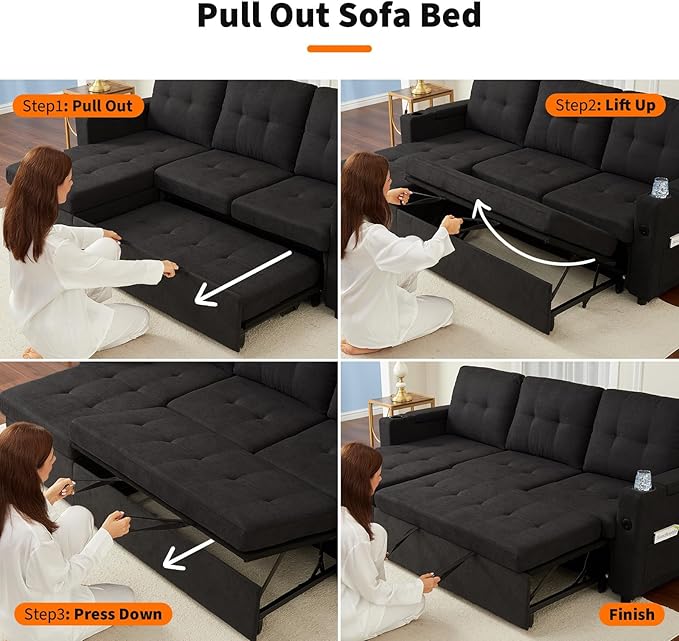 Sectional Sleeper Sofa Bed 84 Pull Out Couch Convertible Plush Corduroy Cloud Couch with Storage Chaise &amp USB Charging Comfy L-Shaped Modular Couches for Living Room Black
