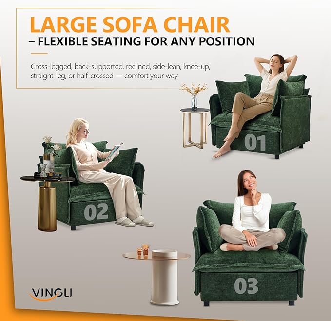 VINGLI Green Accent Chair 34 Width Oversized Reading Chair Upholstered Armchair Soft Chenille Fabric Living Room Chairs Sofa for Adults Bedroom Home Office Play Room