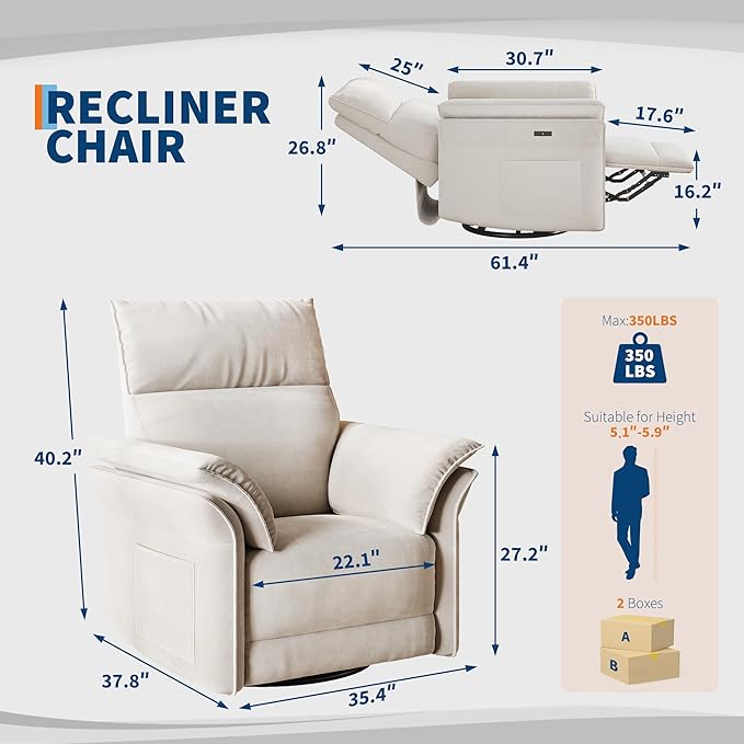 GarveeHome Power Recliner Chair 270 °Swivel Rocking Glider with USB Charging Port Chenille Upholstered Fabric and Double-Layer Armrests Nursery Chair for Living Room Nursery (Off White)