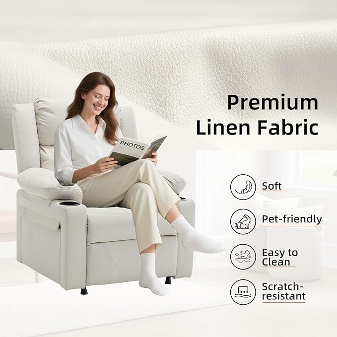 Power Recliner Chair with Vibration Massage &amp HeatUpholstered Faux Leather Single Reclining Sofa with Side Pockets Side Table for Living Room Home Theater (Beige)