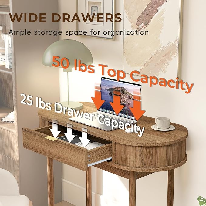 Writing Desk with Drawer 39 Small Computer Desk with Fluted Design Oval Wood Study Table for Small Space Modern Home Office Desk Makeup Vanity Table for Bedroom Brown