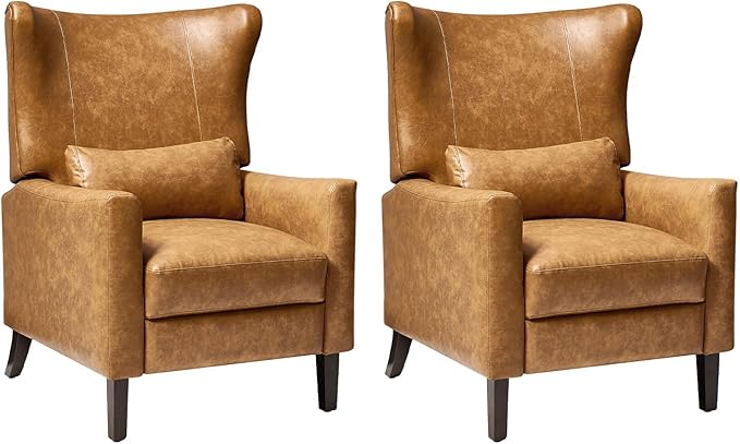 HULALA HOME Wingback Recliner Chair Faux Leather Upholstered Armchair with Lumbar Pillow Thick Padded Cushion and Solid Wood Legs for Living Room &amp Bedroom Set of 2 Camel