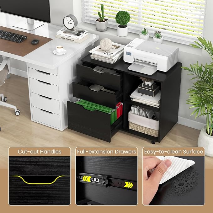 3 Drawer File Cabinet Wood Lateral Filing Cabinet for Hanging Letter A4 Legal Size Rolling Printer Stand with Adjustable Shelf Under Desk Storage for Home Office (Black)
