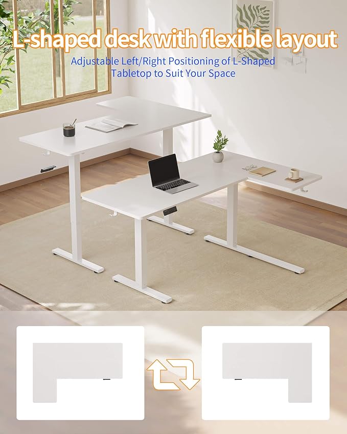 YIHAYO Reversiable L-Shaped Electric Standing Desk 59 Inches Stand Up Corner Desk Sit and Stand Up for Work Office Home Ergonomic Rising Computer Table with Splice Board White