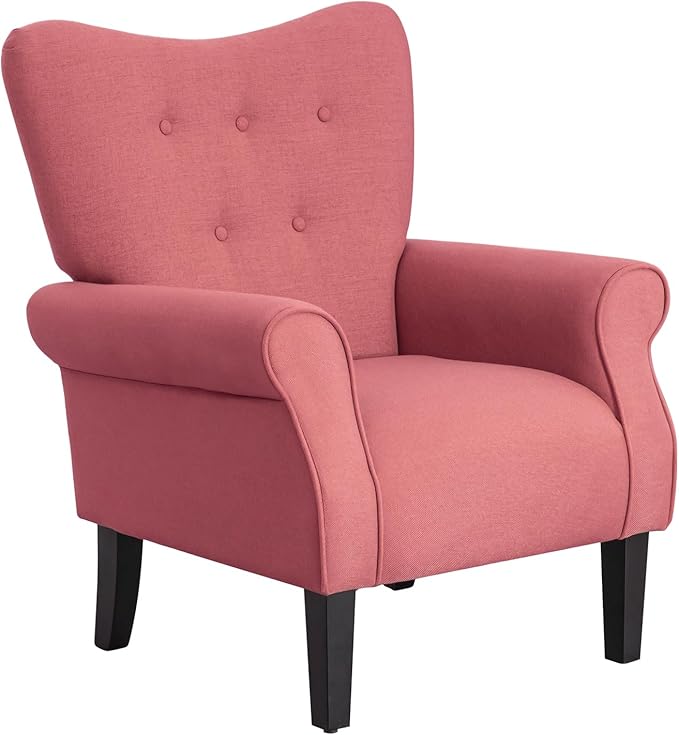 MELLCOM Mid Century Wingback Arm ChairModern Upholstered Fabric High Back Accent Chair with Wood LegsUpholstered Single Sofa Club Chair for Living Room Bedroom Home Office Brick