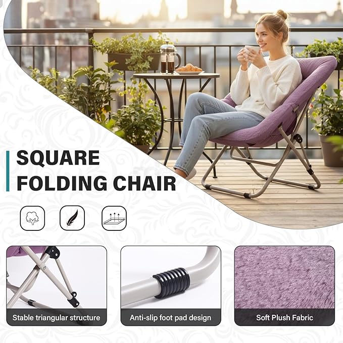 Tiita Comfy Folded Chair Soft Faux Fur Oversized Folding Accent Chair Lazy Chair for Teens Adults Metal Frame Moon Chair for Bedroom Living Room Dorm Rooms
