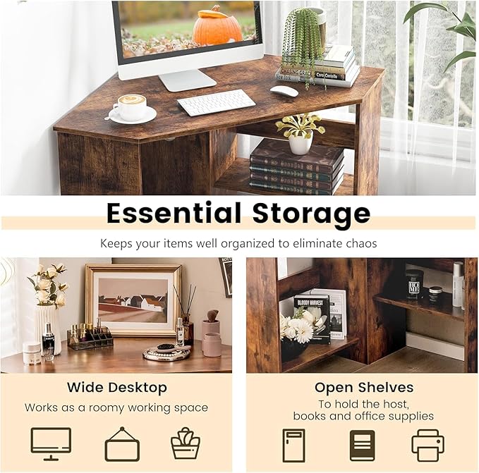 GOFLAME Corner Desk with Storage Shelves Triangular Computer Desk with Cable Management Holes Laptop Workstation for Small Space Makeup Vanity Desk for Living Room Study Rustic Brown