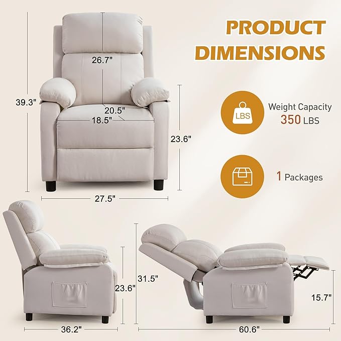 Recliner Chair Living Room Chairs for Adults Padded Deep Seat Reading Chair with Side Pockets Small Recliners for Small Spaces Lounge Chair for Living Room Bedroom and RV (Linen)