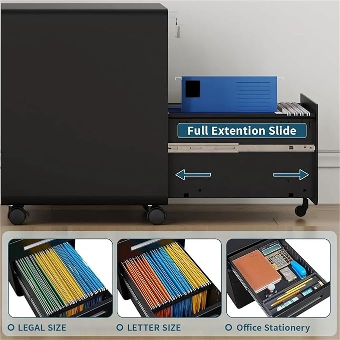 Mobile File Cabinets Mobile Filing Cabinet 3 Drawer Modern Black for Home Office(Black)