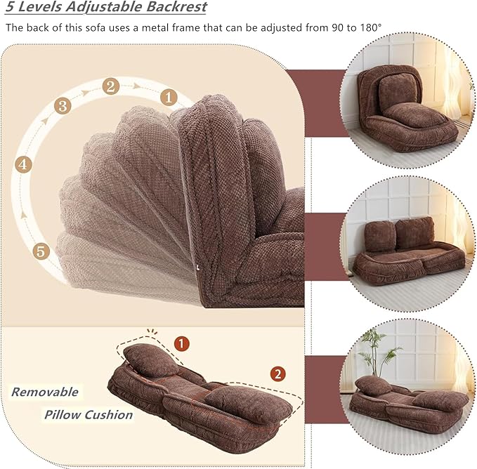 Foldable Lazy Sofa Bed Polyester Upholstered Human Dog Bed for Adults and Pets with 5 Adjustable Backrest Positions and 2 Soft Cushions for Living Room Bedroom Brown