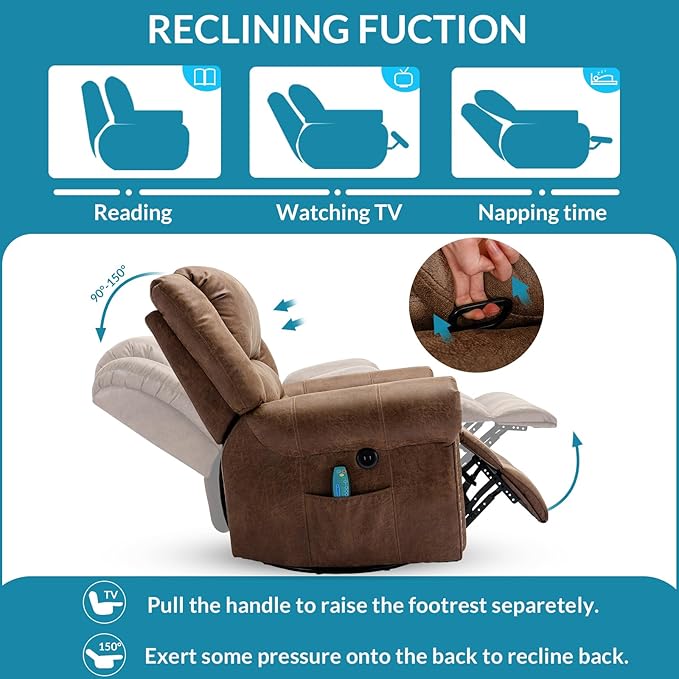 Manual 360 Degree Swivel Glider Rocker Recliner Chair with Massage and Heat USB Ports and 2 Side Pockets Bronze Suede Like Fabric Brown