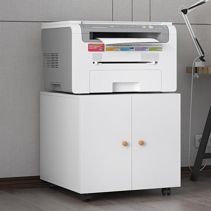 2 Door Mobile File Cabinet Metal Lateral Filing Cabinet with Shelf and Wheels for Home Office Mobile Printer Tables Metal Printer Stand with Storage White