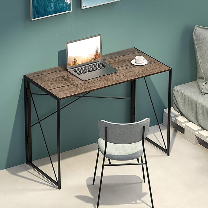Garden Elements Modern Small Folding Computer Desk Portable Space-Saving Home Office Desk with Sturdy Metal Frame Brown 39