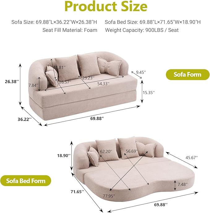 69.9 Folding Sofa Bed Full Sponge Convertible Sofa Bed with Wood Grain Chenille Fabric Easy to Carry Multi-Functional Guest Bed for Living Room Apartment Office
