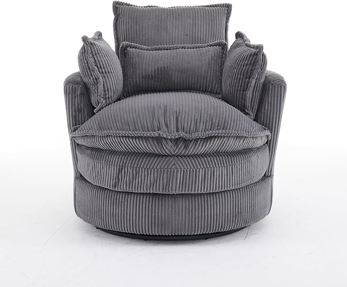 Karl home Swivel Barrel Chair-Corduroy360 Degree Modern Lounge Armchair ChairComfy Round Accent Single Sofa Chair with 3 Pillows for Living RoomBedroomLoungeHotelGrey