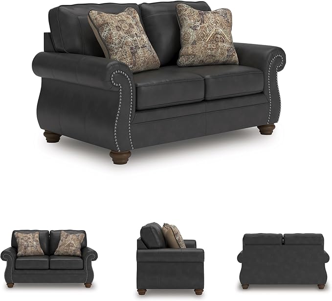 Signature Design by Ashley Chatterton Rustic Faux Leather Loveseat with Nailhead Trim and 2 Throw Pillows Reinforced Frame for Added Stability Reversible Seat Cushions Turned Legs Dark Gray