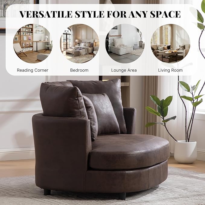 54.9''W Oversized Accent Barrel Chair Upholstered Faux Leather Comfy Couch Sofa with 5 Pillows for Bedroom Living Room Apartment Studio Brown.