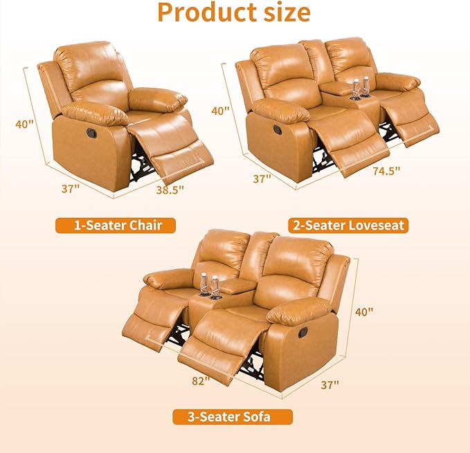 2 Seaters Recliner Loveseat Leather Reclining Couch with Cup Holder and Center Console for Living Room/Apartment/Office Ginger