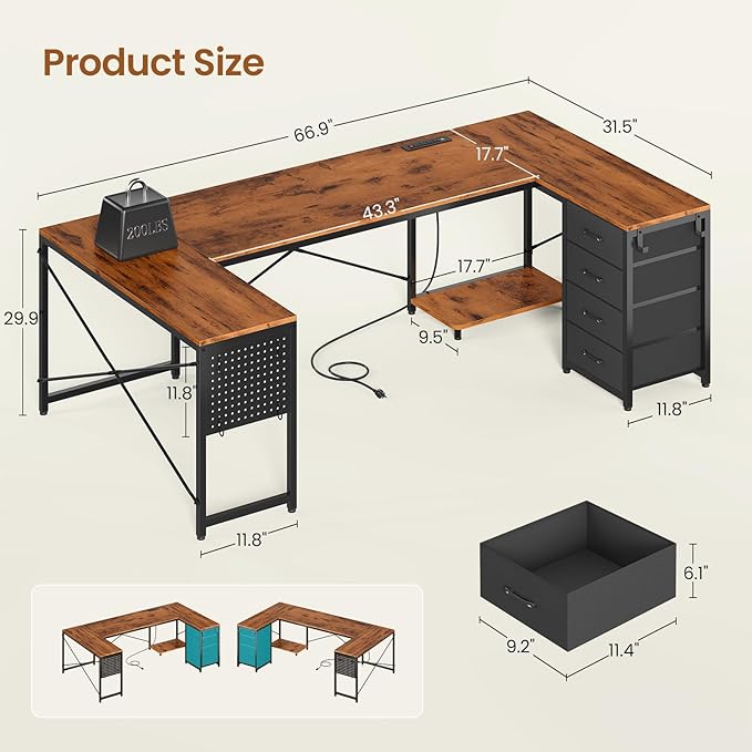 SEDETA 67 U Shaped Desk with 4 Fabric Drawers Reversible Corner Computer Desk with Power Outlet &amp CPU Shelf L Shaped Office Desk with Pegboard for Home Office Rustic Brown