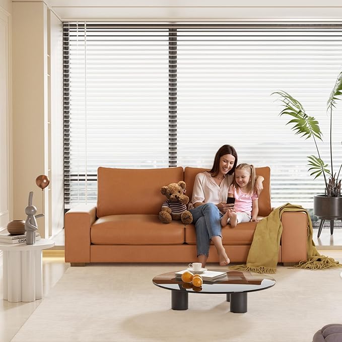 Faux Leather Couch Mid Century Modern Comfy Loveseat Sofa with Wide Arm Side Pockets Solid Wooden Frame for Office Living Room and Bedroom 2 Seater (Brown 71.25 Inches)