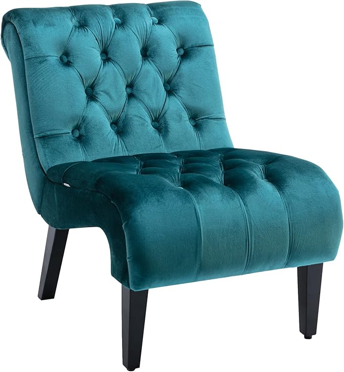 Modern Velvet Armless Accent Living Room Chair Leisure ChairUpholstered Fabric Button Comfortable Chair with Wooden Legs for Bedroom Living Room Office (Teal Velvet)