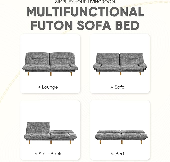 JUMMICO Convertible Futon Sofa Bed Sleeper Futon Couch with Adjustable Backrest and Armrests Modern Loveseat with Sturdy Wood Frame for Small Spaces Apartments (Leathaire Gray)