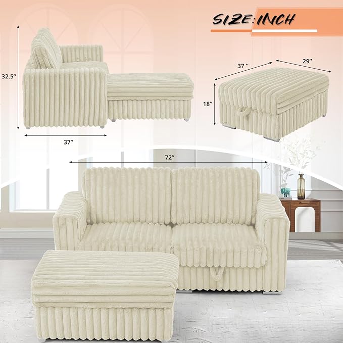 72 L-Shape Corduroy Sofa with Movable Ottoman Upholstered Seational Sofa with Stable Feet Deeper 2 Seats Couch with Thickened Seat Cushions for Living Room Bedroom Office Beige