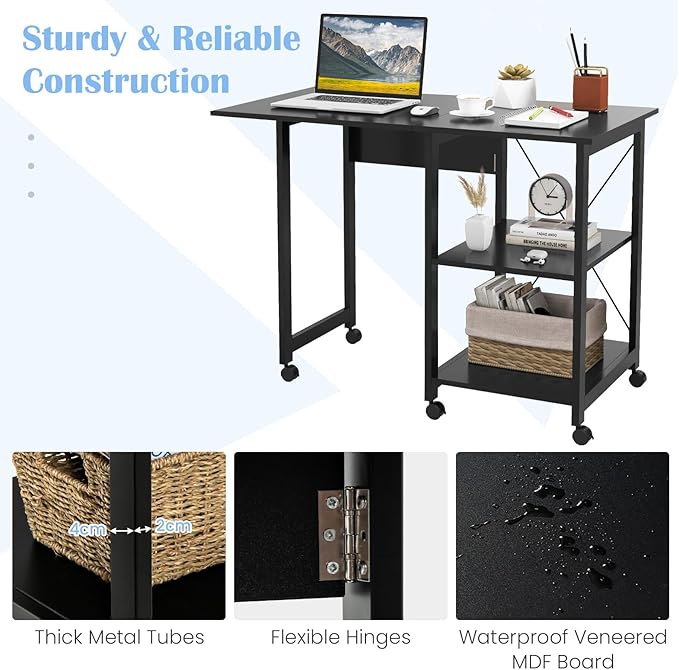 Tangkula Folding Computer Desk Modern Writing Table w/ 2-Tier Storage Shelves PC Laptop Study Table Workstation w/ 6 Wheels Space Saving Compact Home Office Desk for Small Apartment (Black)