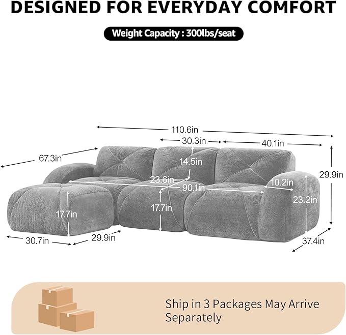 Black L-Shaped Sectional Couches for Living Room Velvet Fabric Boneless Couch No Assembly Cloud Modular Sectional Sofa with 1 Ottoman Foam Couch Compressed Sofa Set for Apartment Sofas para Sala