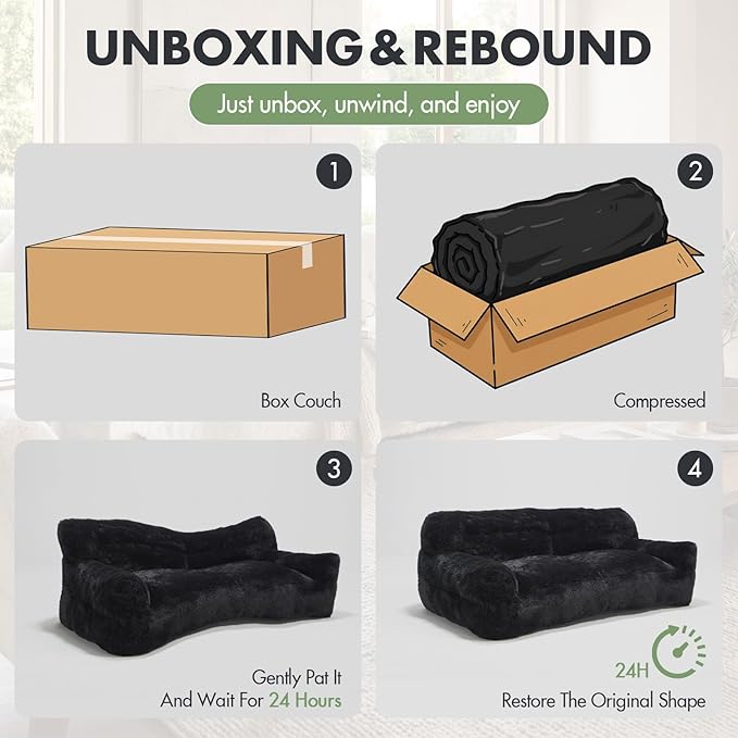 Black Compressed Couch 70 2-Seater Fluffy Faux Fur Boneless Loveseat Sofa with Memory Foam for Living Rooms Bedrooms Apartments No Assembly Required | Plush faux fur Memory foam comfort Zero as