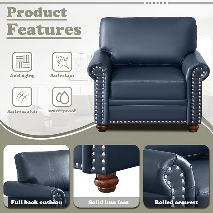Antetek Comfy Upholstered PU Leather Sofa 59-inch Mid-Century Modern Loveseat Sofas with Storage Space &amp Solid Bun Feet Small Couches for Living Room Small Space Bedroom Navy Blue