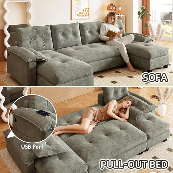 104.7 Modular Sectional Couch Convertible U Shaped Couch with Pull Out Bed Comfy Sleeper Sofa with Removable Armrests &amp USB Ports Modern Sectional Couches for Living Room Light Grey