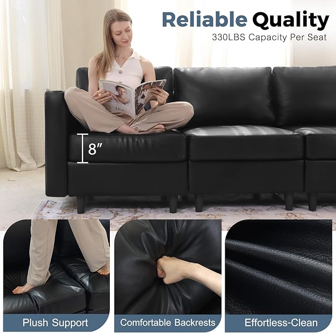 ABCASA 118.5 Faux Leather Modular Sectional Sofa L Shaped Couch Set for Living Room 7-Seater Comfy Cloud Couches with Storage Seat Black