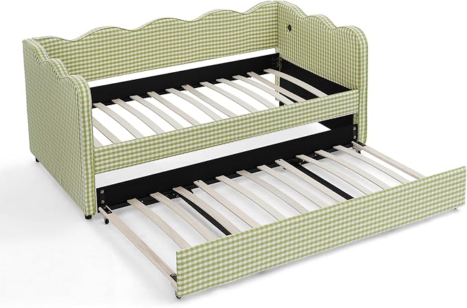 Cozy Gingham Daybed with Trundle Twin Size Sofa Bed No Box Spring Needed with USB Port and Adorable Wave Shaped Linen Fabric Navy (Green)