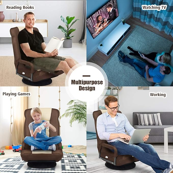 Giantex Floor Chair with 360 Degree Swivel Base Adjustable Backrest Lumbar Support Armrest Foldable Lazy Sofa Rocker for TV Reading Playing Video Games Gaming Chair Floor Beige/Brown