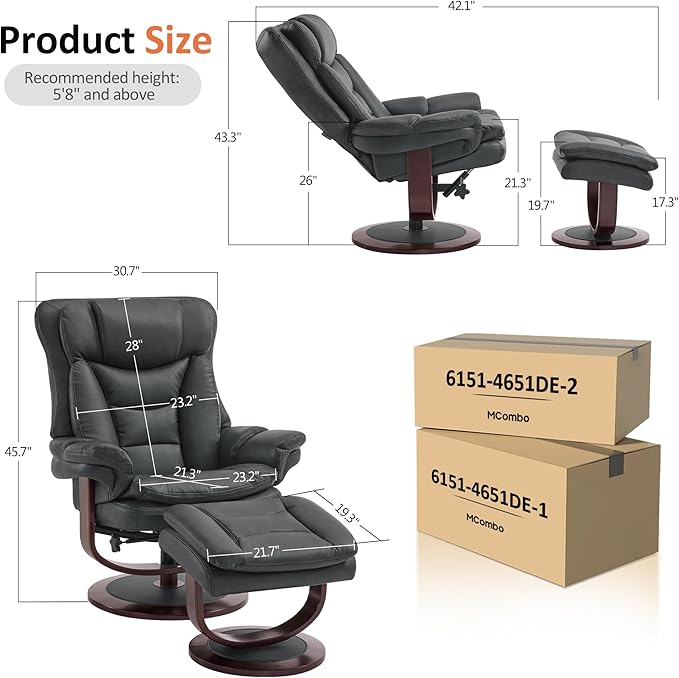 MCombo Oversized Swivel Recliner Chair with Ottoman Adjustable Backrest 360° Wood Base High Seat Faux Leather Lounge Chair for Tall Users in Living Room Bedroom or Office 4651 (Dark Grey)