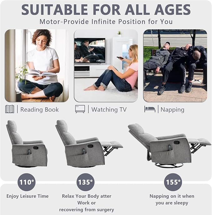 Massage Chair Recliner with Heat Swivel Rocking Chair Recliner with High Back Manual Nursery Recliners for AdultsSmall Recliner Chair for Small Spaces Living Room Bedroom Fabric (Light Grey)