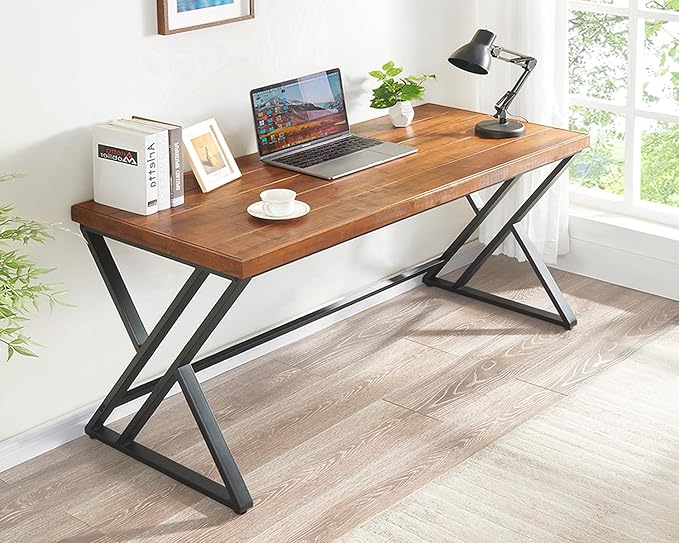 Solid Wood Computer Desk Modern Real Wood Home Office Desk Long Rustic Farmhouse Natural Wood Writing Desk Executive Workstation PC Desk Table for Living Room Bedroom Brown 55 inch