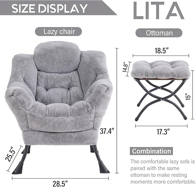 LITA Lazy Chair with Ottoman Modern Accent Leisure Upholstered Sofa Chair Contemporary Lounge Reading Chairs with Armrests and a Side Pocket for Living Room Bedroom &amp Small Space Plush Grey