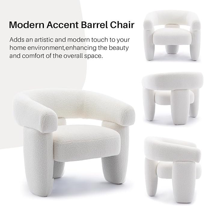 Mid Century Modern Accent Barrel Chair Comfy Upholstered Round Armchair with Montage Design Sherpa Boucle Lounge Chair for Living Room Bedroom Apartment Cream White