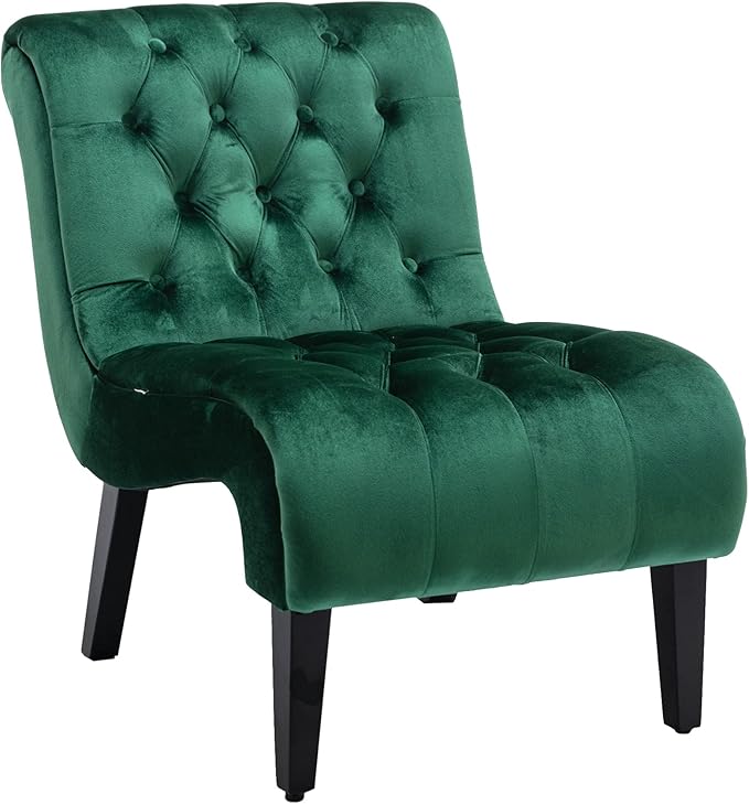 Green Velvet Accent Chair Comfortable Armless Chair with Upholstered Velvet Foam Cushion &amp Wooden Legs for Living Room Bedroom Office
