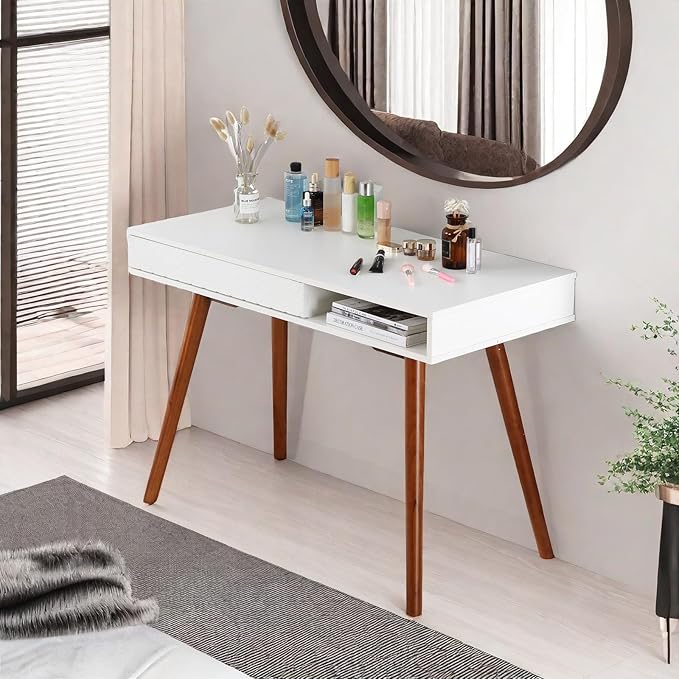 GarveeHome 42 in Mid Century Home Office Writing Desk Modern Simple Computer Desk with Drawer and Open Storage Cubby Small Vanity Table Desk for Bedroom White