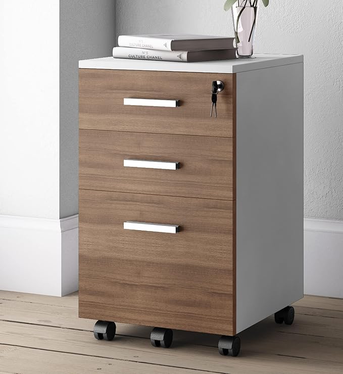 Modern Design Lazio File Cabinet Filing Cabinets for Home Office Drawers for Under Desk Locking 3 Drawer Rolling Filing Cabinet with Lock Walnut and White by Crafts and Comfort