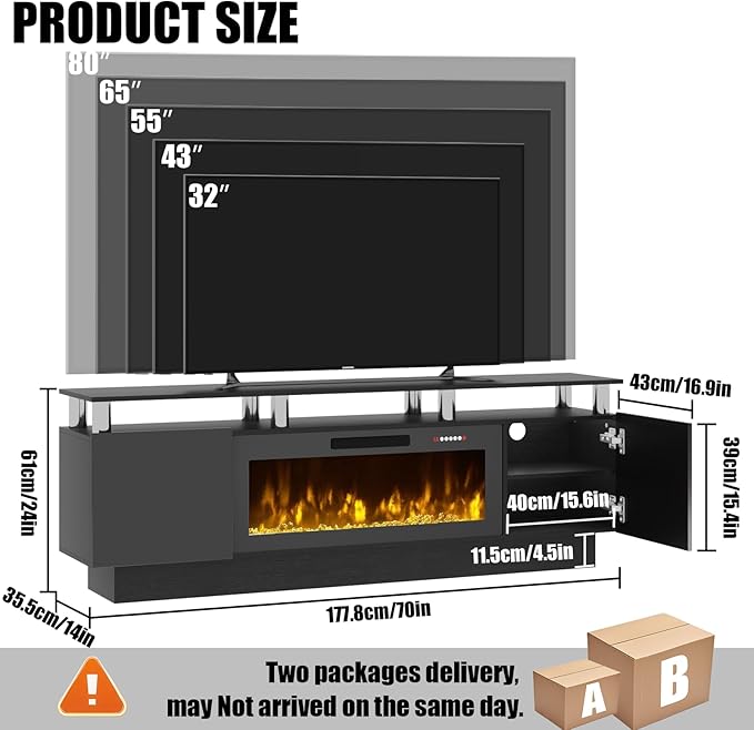 70 Modern Fireplace TV Stand with 36 Electric Fireplace for TVs Up to 80 inch Luxury LED Light Entertainment Center with High Gloss Cabinet TV Consoles for Living Room Black